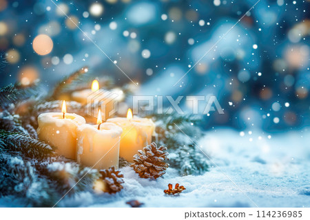 Christmas background with candles on a snow and bokeh 114236985