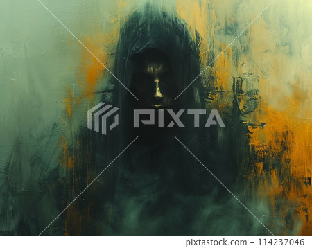 Digital art portrait of a mysterious figure cloaked in shadows Digital art portrait of a mysterious figure cloaked in shadows 114237046