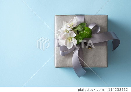 Gift box with apple flowers and gray bow on blue background. Space for your text. Gift box with apple flowers and gray bow on blue background. Space for your text. 114238312