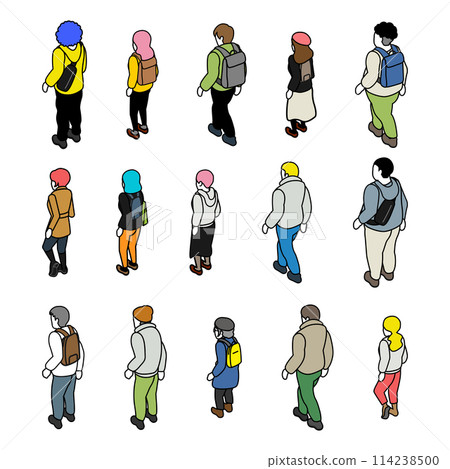 Isometric character set, back view, walking + standing 114238500