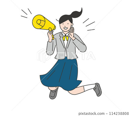 Students jumping with megaphones - cheering - summer courses - people black and white simple vector illustration material 114238808