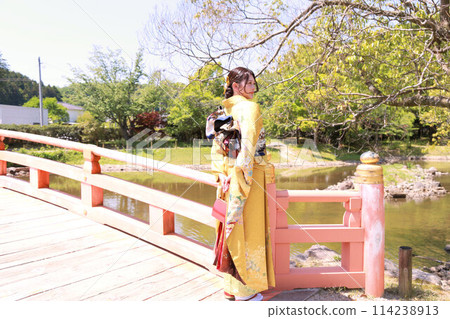 Adult woman wearing a yellow patterned furisode, Japanese clothing location photoshoot, Coming of Age Ceremony Adult woman wearing a yellow patterned furisode, Japanese clothing location photoshoot, Coming of Age Ceremony 114238913
