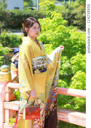 Adult woman wearing a yellow patterned furisode, Japanese clothing location photoshoot, Coming of Age Ceremony Adult woman wearing a yellow patterned furisode, Japanese clothing location photoshoot, Coming of Age Ceremony 114238938