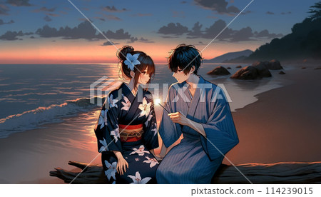 穿著浴衣的情侶在海邊放煙火 穿著浴衣的情侶在海邊放煙火 114239015