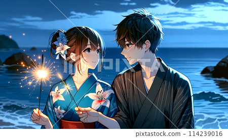 A couple in yukata playing fireworks on the beach A couple in yukata playing fireworks on the beach 114239016