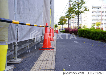 Traffic cones installed at a construction site Traffic cones installed at a construction site 114239269