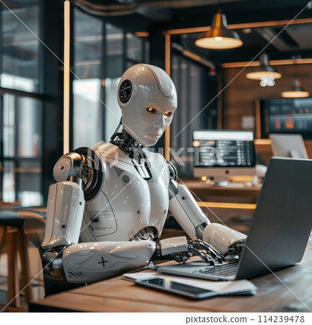Robot businessman using laptop computer in office 114239478