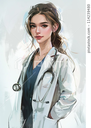 Medical girl in a white coat with a stethoscope 114239480