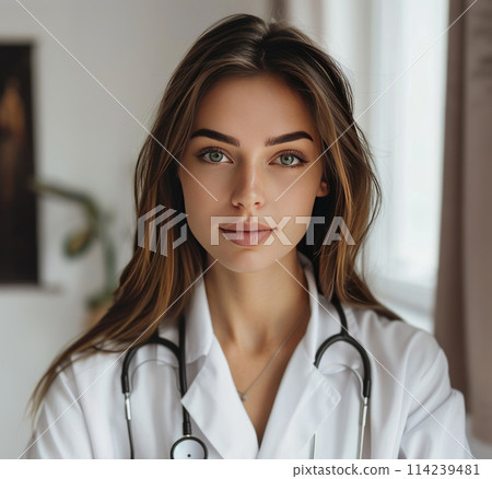 Medical girl in a white coat with a stethoscope Medical girl in a white coat with a stethoscope 114239481