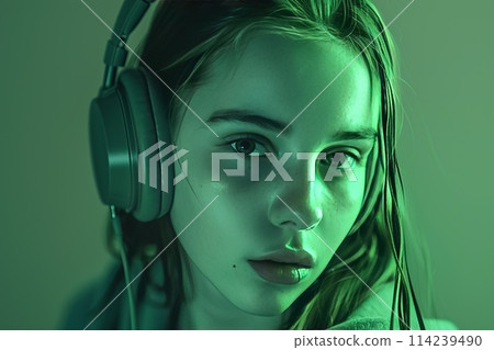 girl in green headphones on a gray-green background 114239490