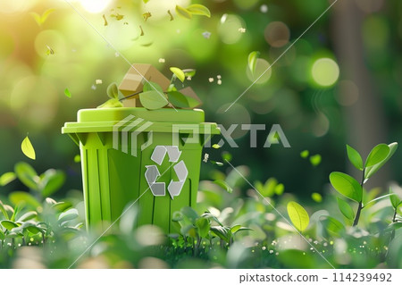3D waste recycling logo icon, plastic trash can on green nature background 3D waste recycling logo icon, plastic trash can on green nature background 114239492
