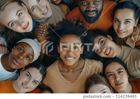 Multiethnic large group of standing people looking at camera, top view 114239493