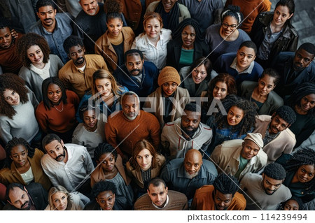 A crowd of people gazes at the camera during an art event A crowd of people gazes at the camera during an art event 114239494