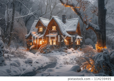 fairy-tale house among a beautiful winter forest landscape 114239495