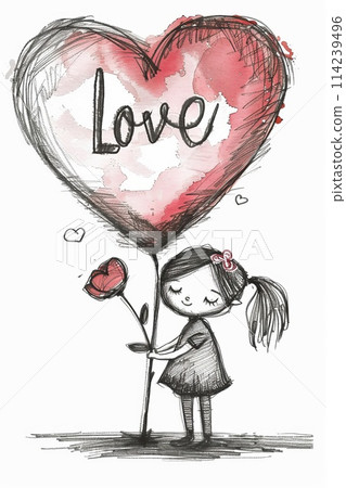 Drawing of little girl holding flower in heart shape with text love 114239496