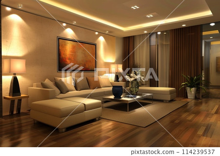Modern living room with sofa, paintings and furniture 114239537