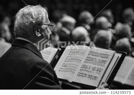 musician looking at notes in choir musician looking at notes in choir 114239573