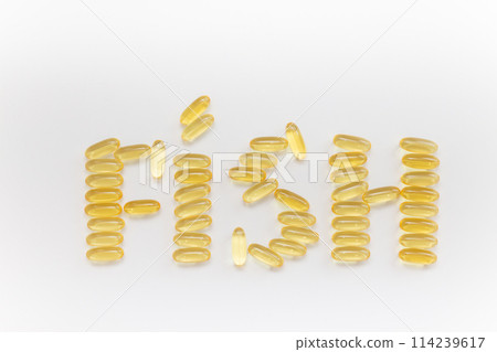 Omega 3 capsules in the form of the word fish, Vitamin D on white background. Close-up, top view, copy space for your text. Omega 3 capsules in the form of the word fish, Vitamin D on white background. Close-up, top view, copy space for your text. 114239617