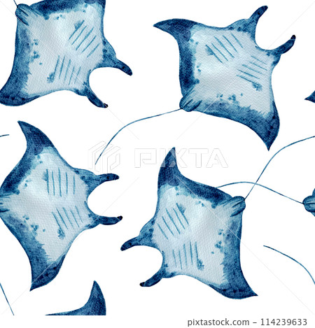 Manta ray watercolor seamless pattern isolated on white. High quality hand-drawn monochromatic illustration for notebooks, posters, wallpaper, textile, beach towel, wrapping paper and room decor 114239633