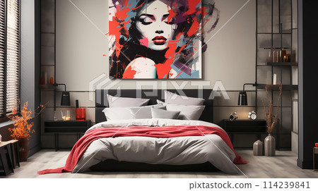 Modern bedroom interior in beige and red colors 114239841