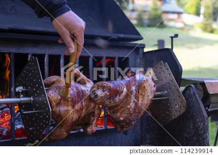 Roasting pork and turkey on spit 114239914