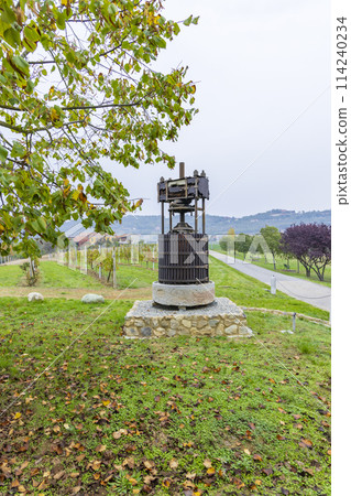 Old wine press near Castello di Razzano and Alfiano Natta, Barolo wine region, province of Cuneo, region of Piedmont, Italy 114240234
