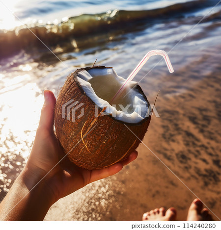 Hand holding a coconut with a straw on a sunny beach Hand holding a coconut with a straw on a sunny beach 114240280