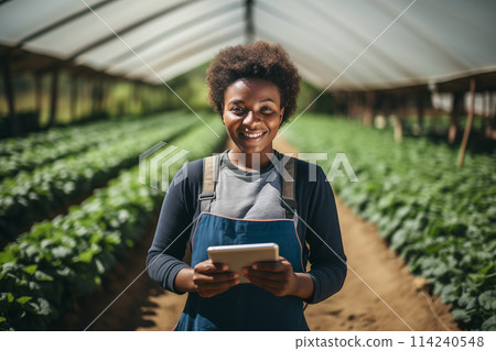 Black female farmer with a digital tablet in greenhouse. Black female farmer with a digital tablet in greenhouse. 114240548