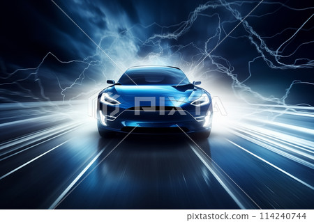 Electric car with lightning from wheels on the road at night. Electricity power symbol 114240744
