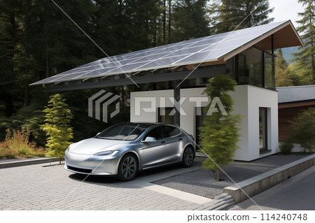Electric car is charged from a charging station that takes energy from solar panels. 114240748