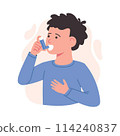 Boy child using asthma inhaler against allergic attack. Breathing treatment. Little Boy uses an asthma inhaler against attack. World asthma day. Allergy,Bronchial asthma kids.Vector illustration 114240837