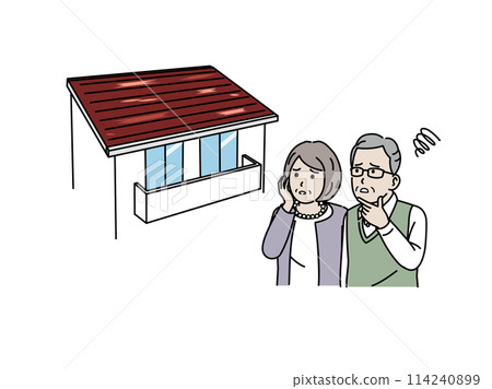 Illustration of an elderly couple having trouble with peeling paint on their roof 114240899