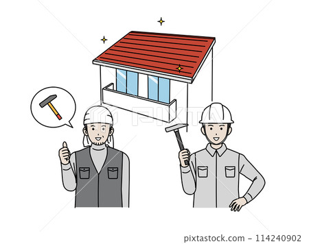 Illustration of a male carpenter building a house and repairing the roof 114240902