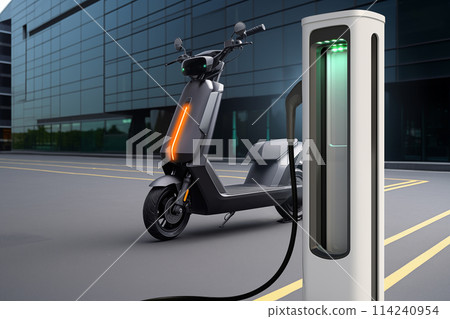 Electric scooter with charging station on a city street 114240954