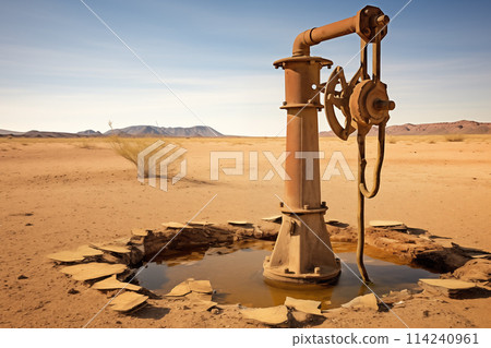 Dry cracked desert with rusty water pump. Drought and water scarcity caused by global warming. Dry cracked desert with rusty water pump. Drought and water scarcity caused by global warming. 114240961