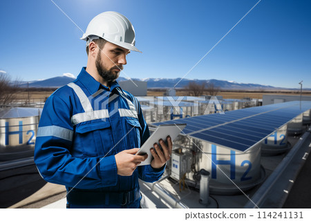 Engineer with tablet computer on a background of Hydrogen factory 114241131
