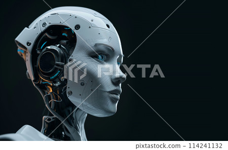 White robot face on a black background. Artificial intelligence AI concept. 114241132