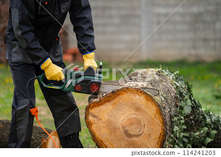 A man in uniform cuts an old tree in the yard with an electric saw A man in uniform cuts an old tree in the yard with an electric saw 114241203