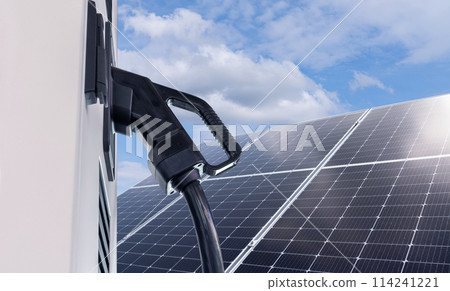 Electric vehicles charging station that takes energy from solar panels. Close up.. 114241221