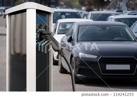 Electric vehicles charging station on a background of a row of cars. Concept 114241255