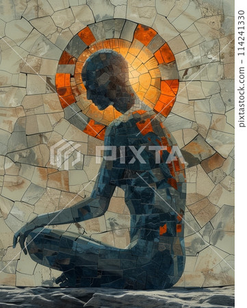 A Man is meditating and sun. Mosaic Art Print. Building yourself from pieces, yoga concept. A Man is meditating and sun. Mosaic Art Print. Building yourself from pieces, yoga concept. 114241330