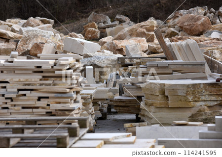 Stacked limestone slabs and tiles Stacked limestone slabs and tiles 114241595