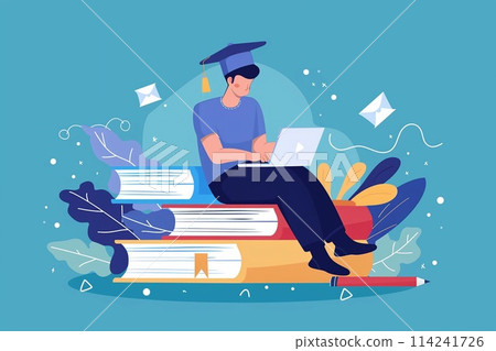Concept of Online education, Vector of man use online education training and search information on internet. Concept of Online education, Vector of man use online education training and search information on internet. 114241726