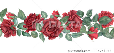 Border with red roses. Ruby flowers and green leaves. Intertwining rose stems with buds. Blooming summer plants. Seamless ornate. Watercolor illustration for wedding design, memorial day decor 114241942