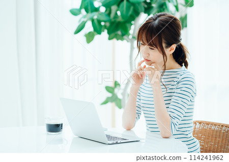 A woman working in a cafe. A woman working in a cafe. 114241962
