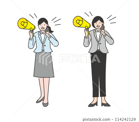 Two women cheering with megaphones - Summer course - People - Simple color vector illustration material 114242129