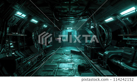 Gloomy dark corridor in futuristic spaceship, scary alien spacecraft interior like in scifi movie. Concept of future, space, industrial room, fantasy, background 114242152