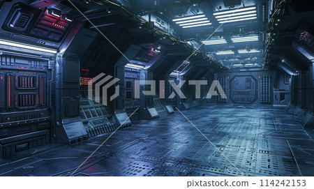 Dark corridor in futuristic spaceship, spacecraft interior with equipment like in scifi movie. Concept of future, space, industrial room, background. 114242153