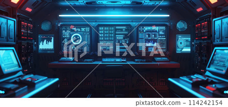 Interior of futuristic command center, dark control room of spy base with digital dashboards and computer screens. Concept of intelligence, technology, future, monitor 114242154