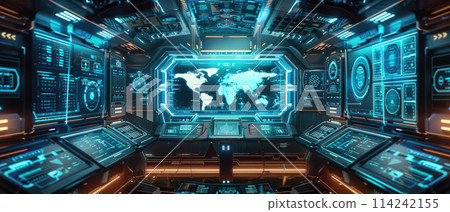 Interior of futuristic command center, control room of spy base or spaceship with digital dashboards and screens. Concept of map, technology, future, background. 114242155